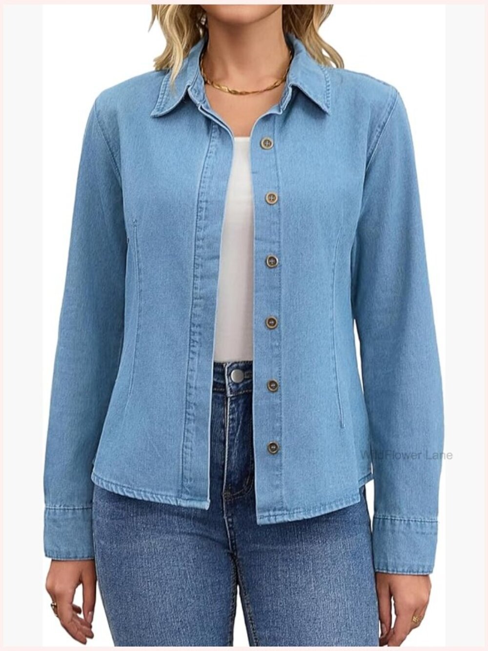 Long Sleeve Point Collar Fitted Button Down Denim Shirt Top